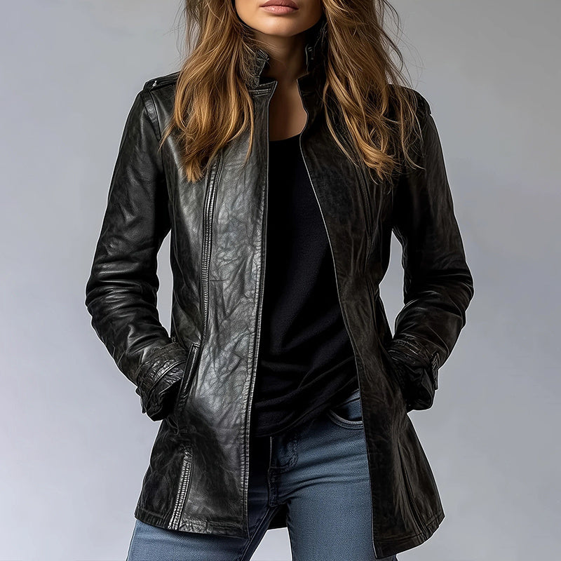 PU Leather Mid-Length Jacket
