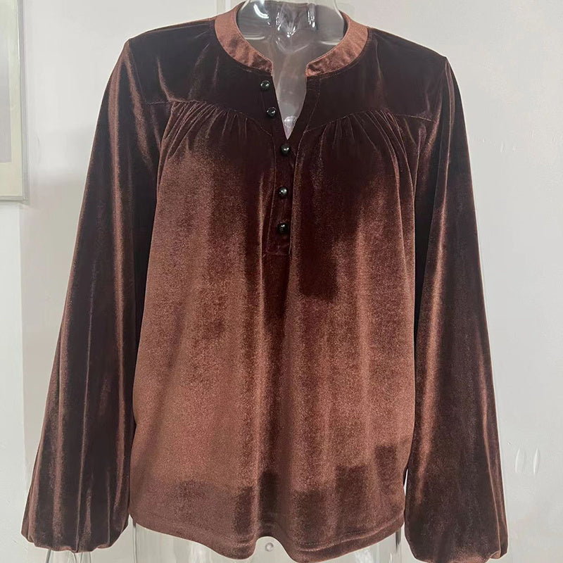 Solid V-Neck Button Detail Blouse