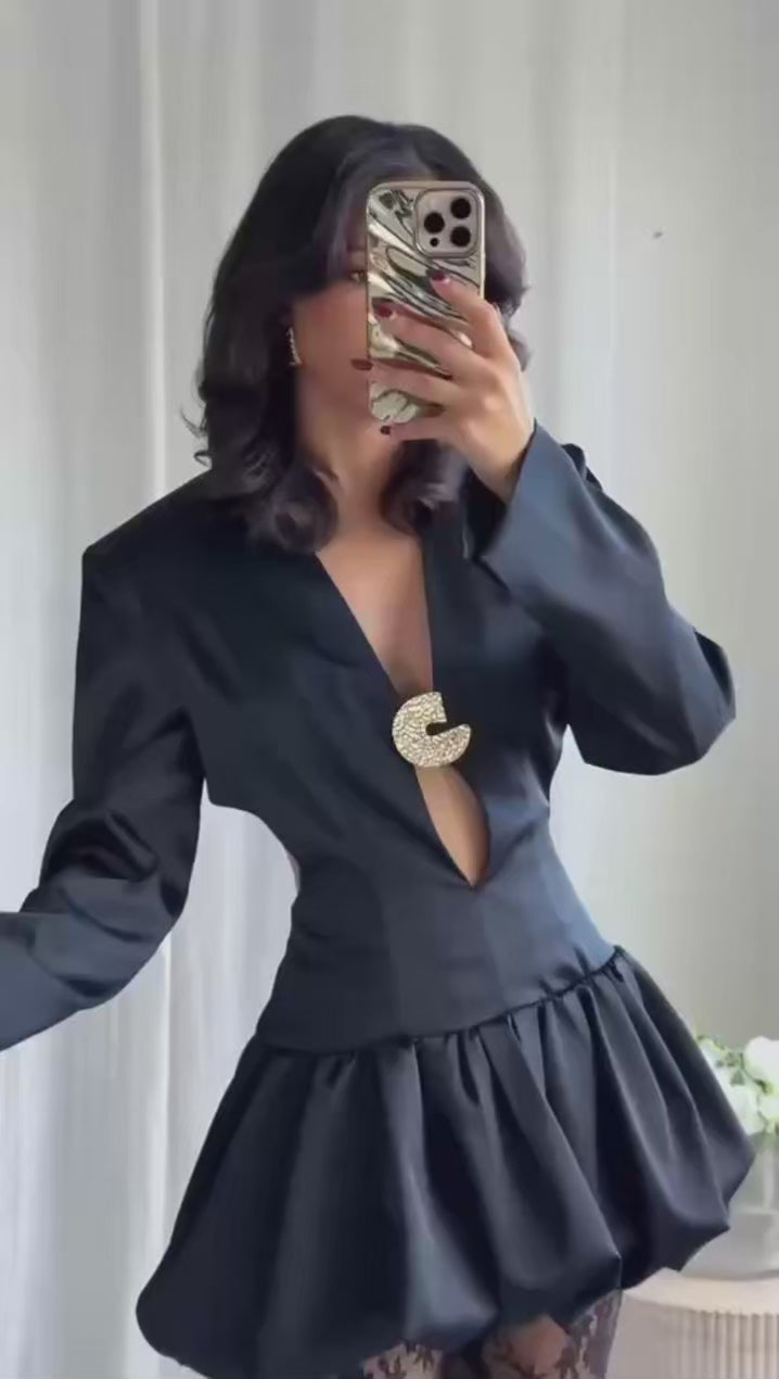 Obsidian Whisper V-Neck Dress